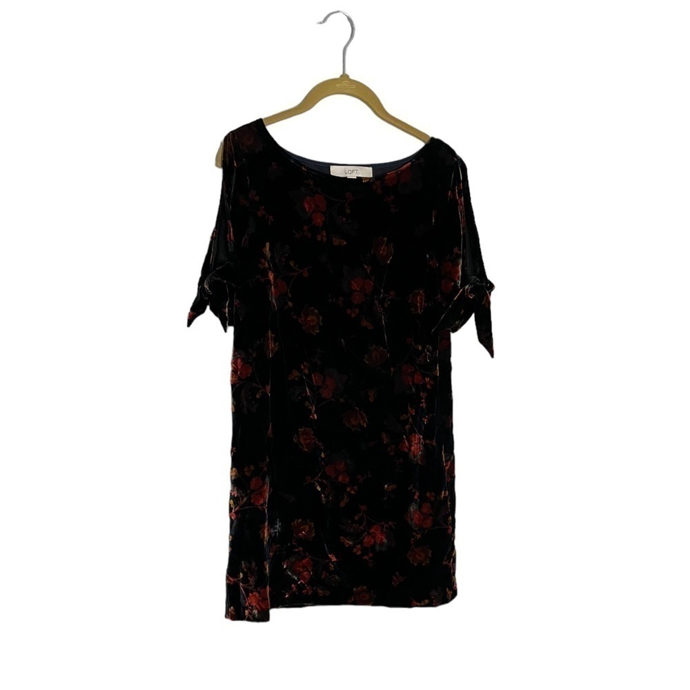 Loft Floral Velvet Velour Tie Sleeves Shift Dress XS